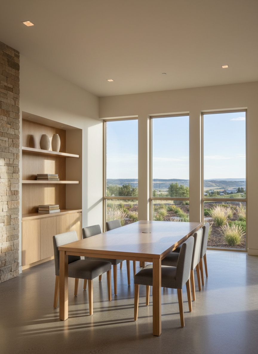 An elegant Prairie Run community room interior showcasing a long, pale oak gathering table with clean lines and a matte finish, surrounded by simple, upholstered chairs in soft gray fabric. The room features a neutral palette with off-white walls, a muted stone accent wall, and floor-to-ceiling windows that reveal a glimpse of distant Colorado hills and manicured landscaping. Gentle late-morning natural light filters in, creating subtle highlights on the tabletop and delicate shadows along the floor. A minimal built-in shelving unit holds a few carefully arranged ceramics and books, leaving plenty of negative space. Shot at eye level with a medium-wide lens and sharp focus, the composition feels airy and refined, embodying sophisticated, contemporary comfort.