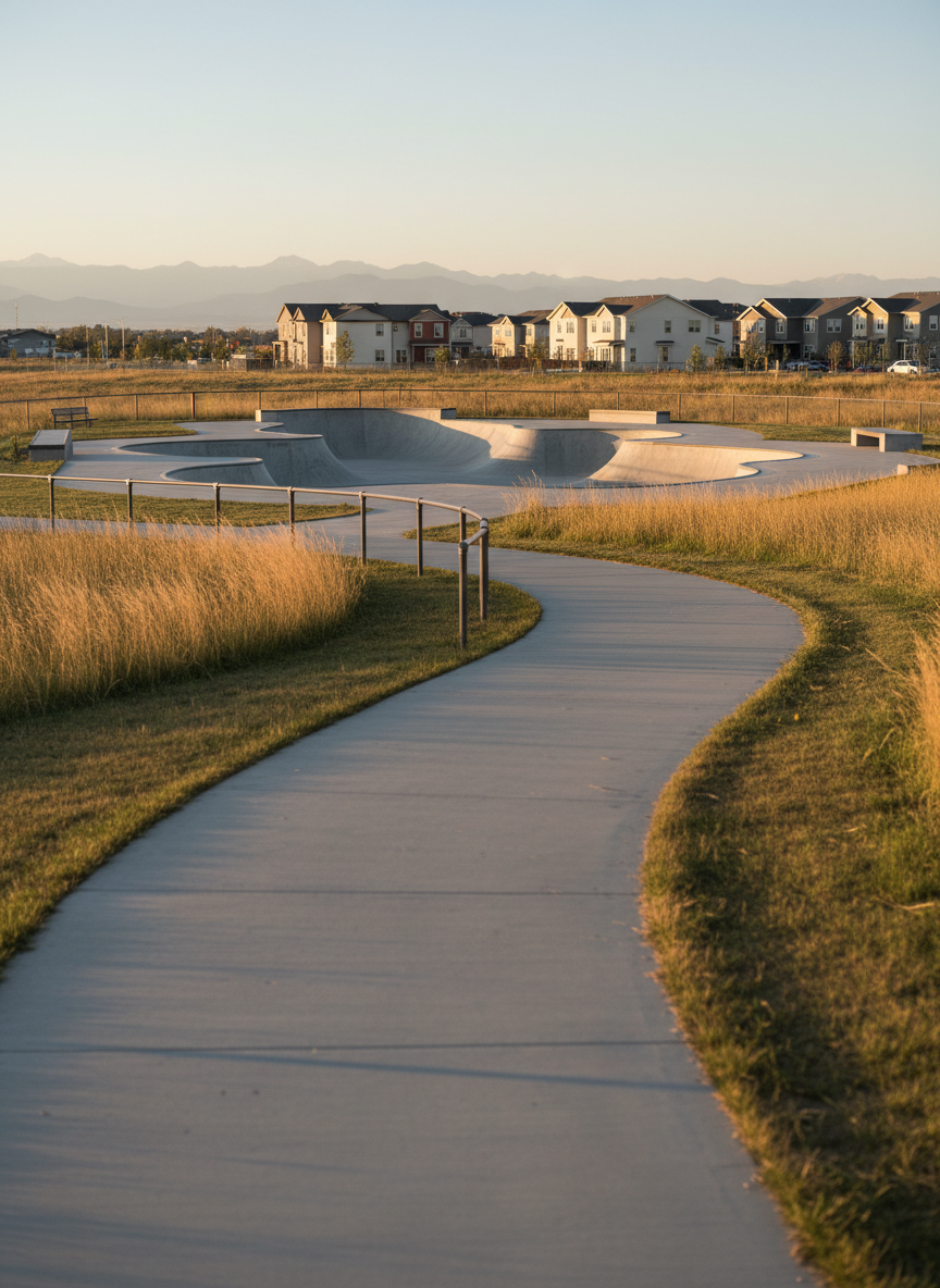 A quiet edge of Prairie Run’s expansive green space, with a gently curving concrete path cutting through low, muted green turf and clusters of native grasses swaying beside a simple metal fence. In the midground, a compact, modern neighborhood skate park is visible, its smooth, pale concrete bowls and ramps arranged in a sculptural, geometric pattern. Distant townhome façades in soft earth tones and the faint outline of Colorado hills complete the background. Soft golden-hour light casts long, delicate shadows and subtle highlights along the curves of the skate features, enhancing the textures while keeping the palette subdued. Shot from a low, slightly off-center perspective, the composition emphasizes depth and tranquility, blending active amenities with serene, open landscape.