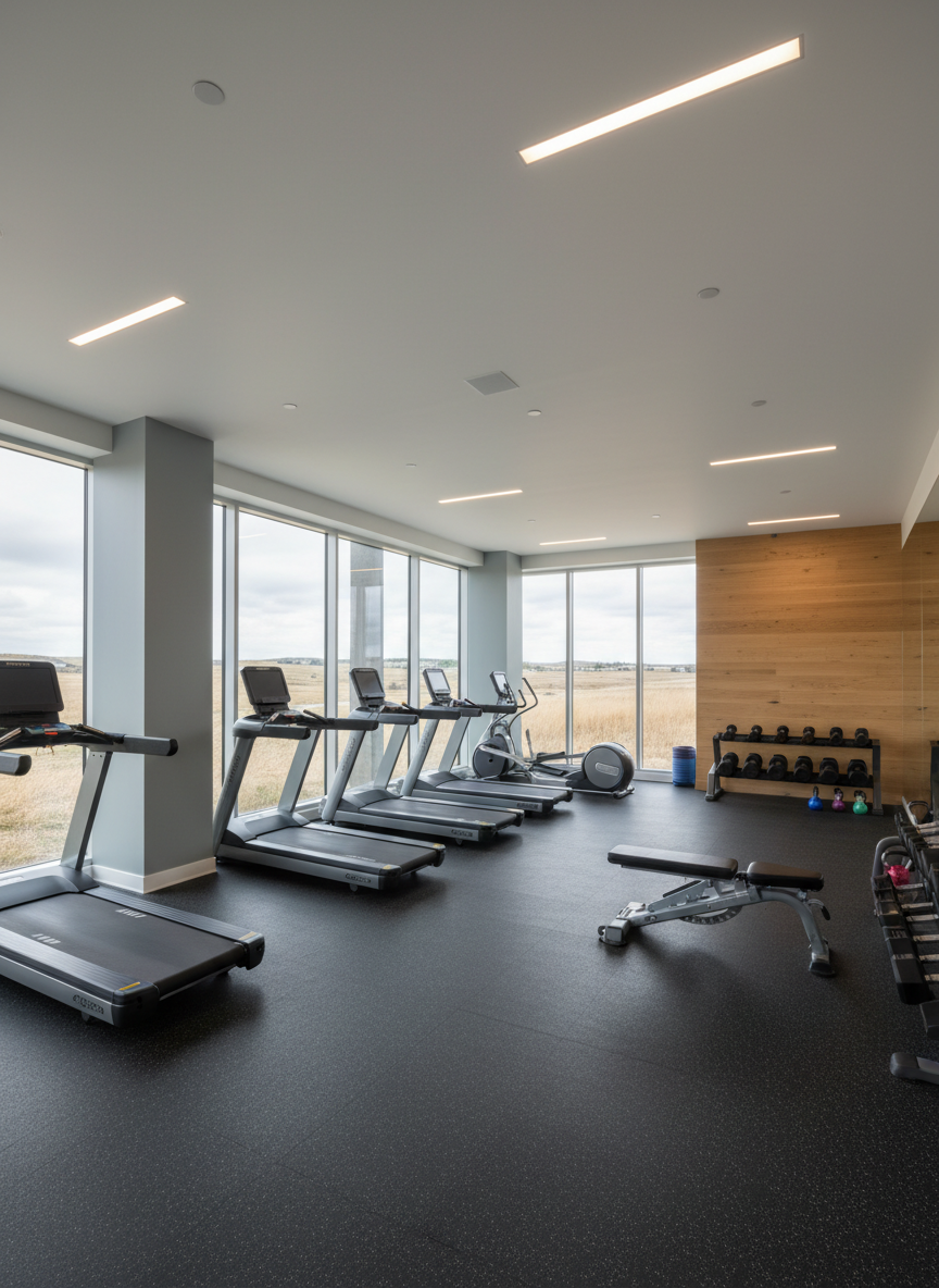 A refined Prairie Run fitness center interior with a minimalist layout: a row of sleek, matte-black cardio machines and a compact area of neatly arranged free weights on a rubberized charcoal floor. Large windows line one wall, revealing soft views of prairie grasses and low hills beyond. Soft, diffused daylight combines with warm, recessed ceiling lights, creating gentle gradients on the walls and equipment without harsh glare. The color scheme is understated, with cool grays, soft whites, and subtle wood accents along a feature wall. Captured from a corner at a slightly elevated angle, the composition maintains clear sightlines and sharp focus, conveying order, everyday wellness, and clean, contemporary sophistication in a photographic, realistic style.