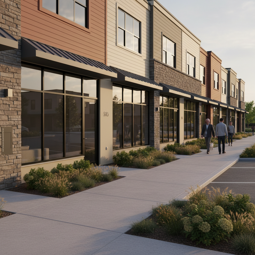 A sophisticated streetscape view of Prairie Run’s live/work residences, featuring ground-floor commercial-style glass fronts with slim black mullions and upper-level living spaces clad in a mix of muted warm siding and textured stone. Simple metal awnings and clean-lined address signage add subtle detail without clutter. The sidewalk is generous and uncluttered, edged with narrow planting beds of ornamental grasses and low shrubs in soft greens and tans. Late-afternoon light creates gentle reflections in the glass and a soft glow on the materials, with understated shadows along the façade. Photographed at eye level with a slight three-quarter angle, the image captures depth along the street and crisp architectural detail. The mood is polished yet approachable, highlighting flexible, modern live/work living in a refined, photographic style.