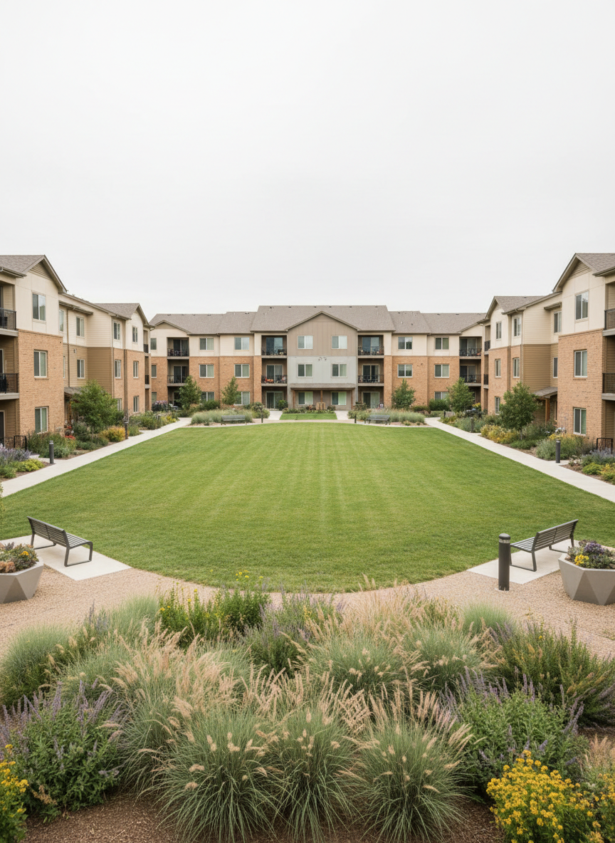 A serene Prairie Run courtyard framed by low-rise apartment and townhome buildings in warm neutral tones, enclosing an expansive green lawn with subtle walking paths that curve through ornamental grasses and native shrubs. A few sleek metal benches and simple stone planters sit along the edges, leaving the center open and uncluttered. Overcast, diffused daylight creates soft, even illumination with minimal shadows, enhancing the muted color palette of sage greens, sand beiges, and cool grays. The mood is peaceful and composed, ideal for quiet outdoor time. Photographed from a slightly elevated angle, the image has balanced composition and clear depth, with minimalist details and photographic realism emphasizing the relationship between architecture and generous open space.